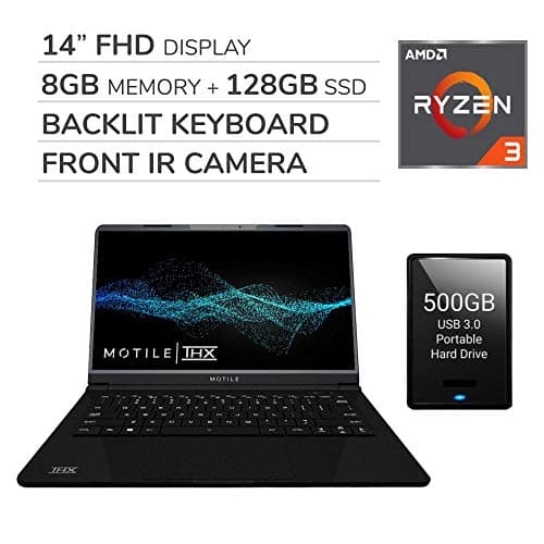 MOTILE 2020 14” FHD Performance Laptop Computer, 2-Core AMD Ryzen 3-3200U 2.6GHz, 16GB RAM, 256GB SSD, No DVD, Wi-Fi, Bluetooth,720p IR Webcam, HDMI, Windows 10, 500GB USB 3.0 External HDD