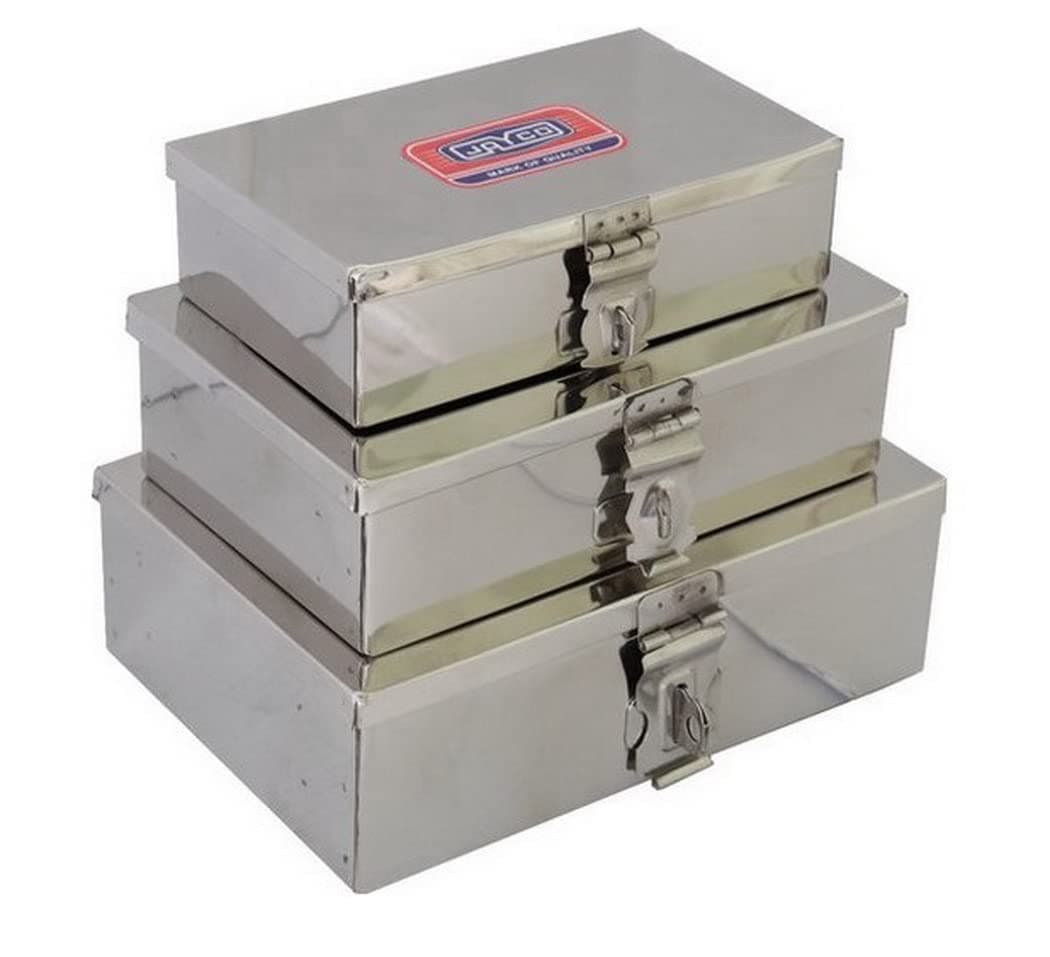 JAYCO Stainless Steel Storage Boxes/SS Puja Peti - Set of 3 (7"-8"-9"), Rounded Edges