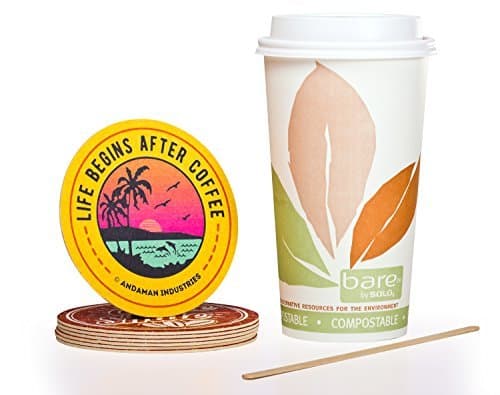 Solo Bare 12 oz Compostable Eco-Friendly Hot Paper Coffee Cup Bundle (Set of 100 Cups) - Cup, Lid, Stir Stick, and Coaster by Andaman