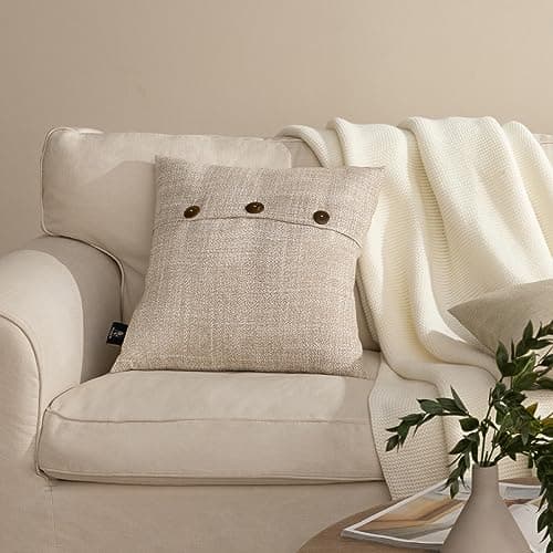 Phantoscope Farmhouse Throw Pillow Covers Triple Button Vintage Linen Decorative Pillow Cases for Couch Bed and Chair Beige, 18 x 18 inches 45 x 45 cm, Pack of 2