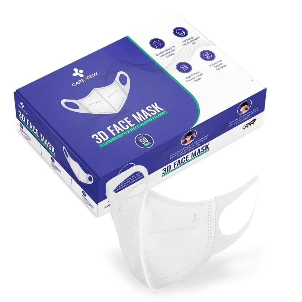 Careview 3 Dimensional Disposable Face Mask with 4 Layered & Incredibly Soft Spandex Non Woven Fabric Ear loop (White, Pack of 50)