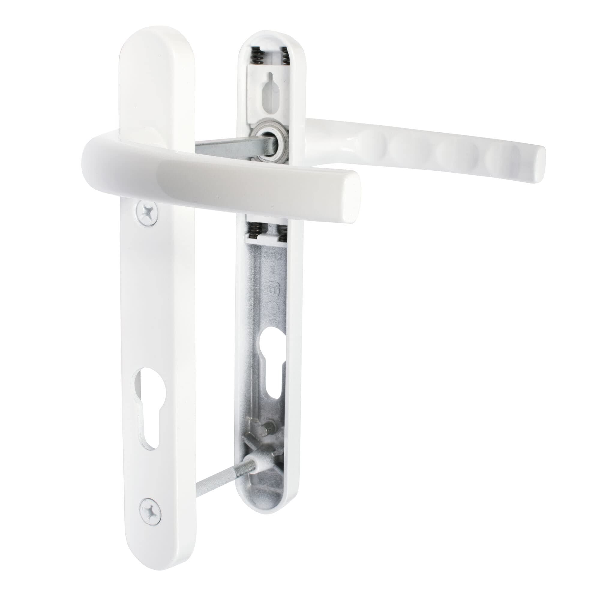 uPVC Door Handle Pair, 122mm Screw Centres, 92 mm PZ Sprung Set, 220mm X 30mm Backplate, White
