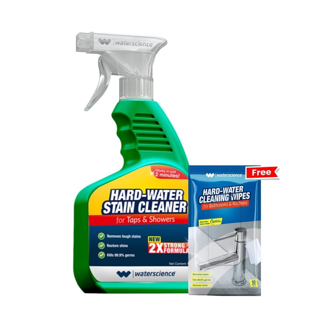 WaterScience Tap Cleaner and Limescale Remover + Free Wipes | Stain Cleaner for Kitchen & Bathroom| Hard Water Stain Remover Spray for Taps, Showers, Faucets, Washin Basin | 500 ml Value Pack