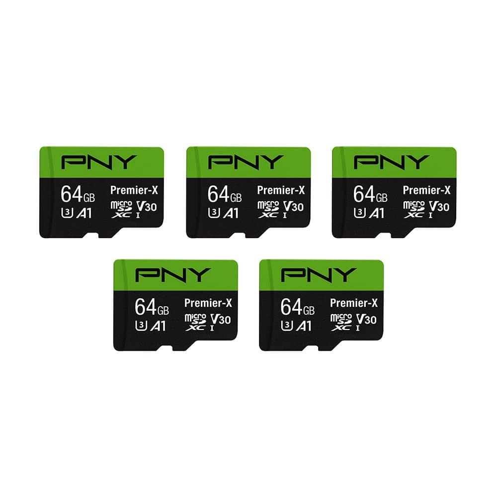 PNY 64GB Premier-X Class 10 U3 V30 microSDXC Flash Memory Card 5-Pack - 100MB/s, Class 10, U3, V30, A1, 4K UHD, Full HD, UHS-I, Micro SD