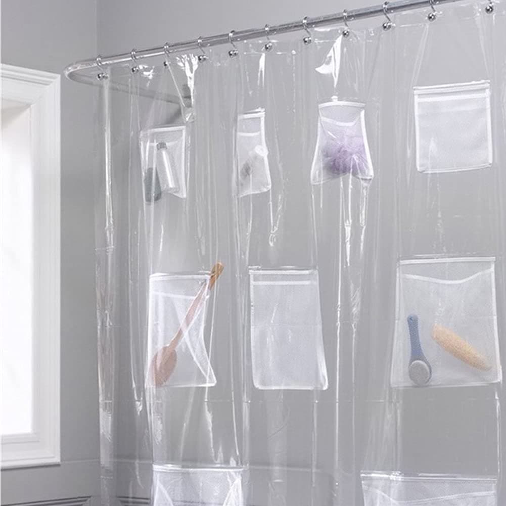 Cedmon Waterproof Fabric Shower Curtain or Liner with 9 Storage Pockets Bathroom Shower (Clear)