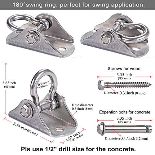 BeneLabel Permanent Rust Resistant Stainless Steel Heavy Duty Swing Hanger 1000 LBS 2 Wood Screws 2 Concrete Expansion Bolts Yoga Hammock Chair Sandbag Swing Set 180° Swing
