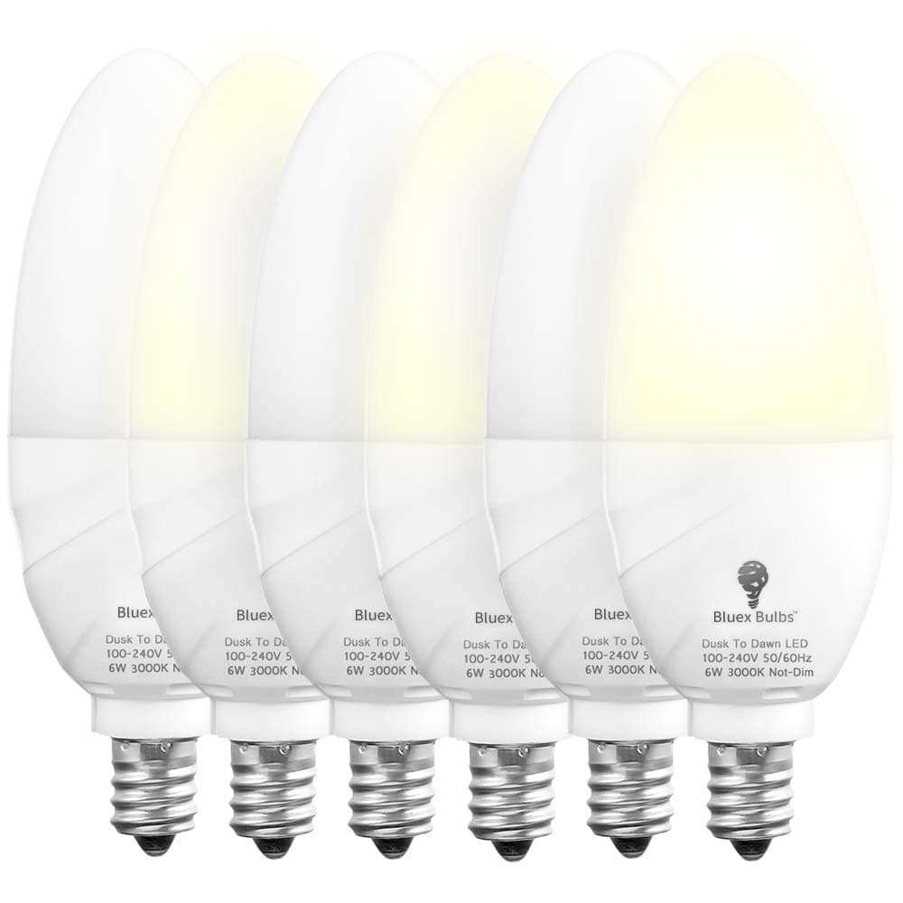 6 Pack BlueX Dusk to Dawn LED Bulbs, 6W E12 Base Light Bulb - 65W Equivalent – 3000K WarmLight White - Smart Light Sensor Candelabra Bulb, Home Security, Driveway, Yard, Porch Lighting