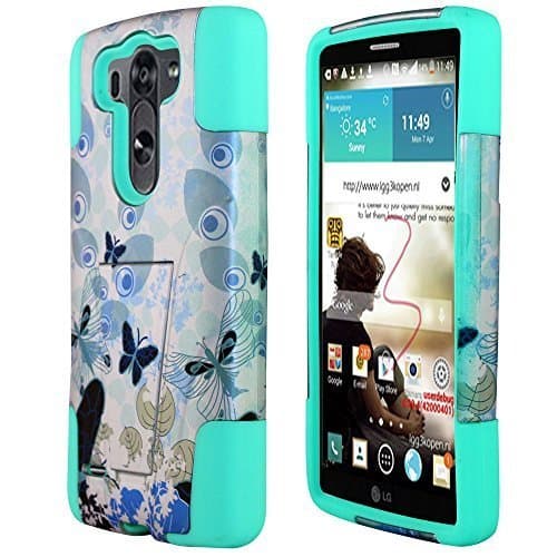 2 items Combo: Stylus Pen + 2 tone Design KickStand Tuff Impact Armor Hybrid Soft Rubber Cover Hard Plastic Case for LG Vigor/LG G3MINI / D725 / D722 / LS885 Peacock Butterfly