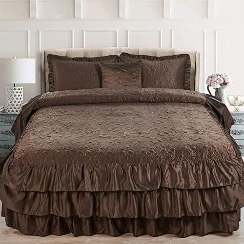 Home Soft Things 4 Piece Matte Satin Ruffle Quilted Bedspread Set 24" Drop Ruffled Style Bed Skirt Coverlets Lightweight Reversible Bedding Set Cover, Queen 60" x 80" + 24", Chocolate