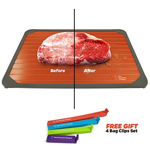 Rapid Thaw Defrosting Tray with No Drip Silicone Border & 4 Bag Clips - Conductive Thawing Plate for Frozen Foods without Electricity, Hot Water or a Microwave - Defrost Meat, Chicken & Fish Fast