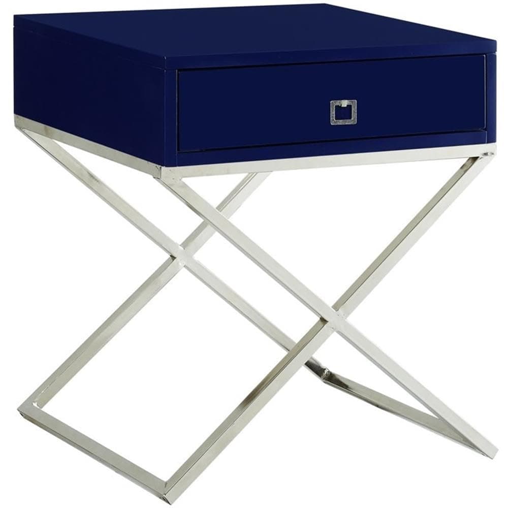 Brianna Navy Chrome Lacquer Finish Nightstand - Chrome Legs