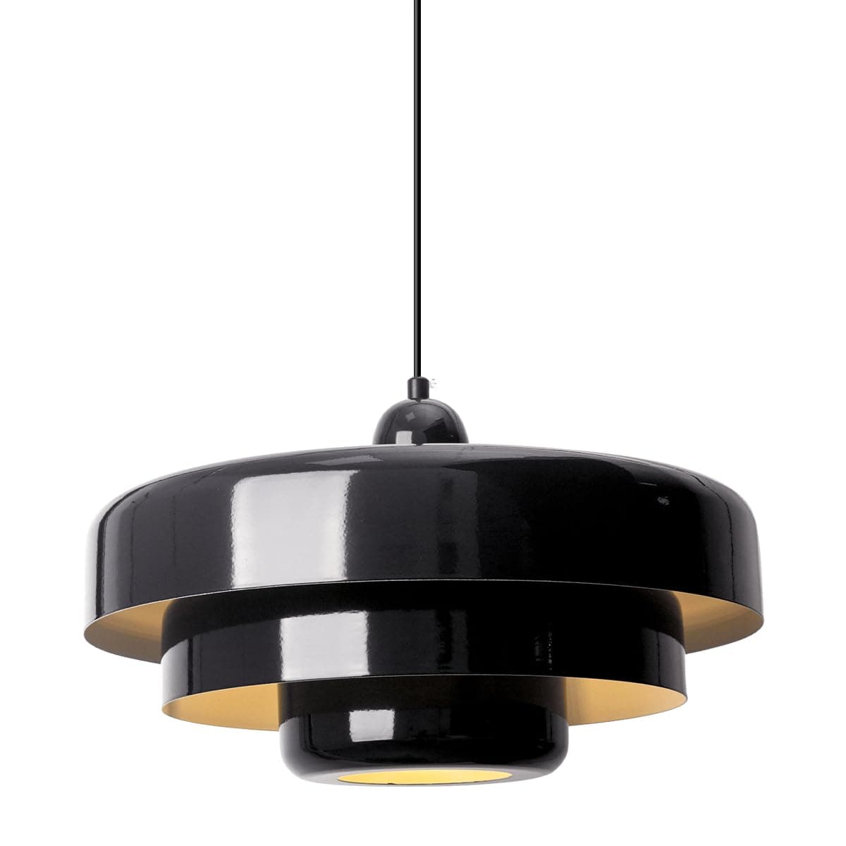 Black Mid Century Pendant Light, 59" Adjustable Hanging Cord with 3-Layer Metal Shade, Modern Chandelier for Dining Room, Kitchen Island, and Bedroom