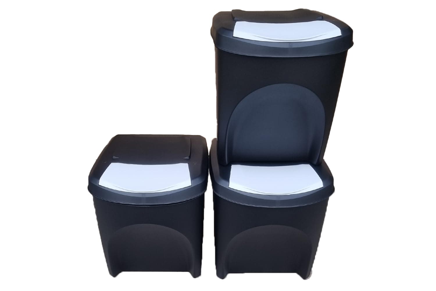 Large Stackable Recycling Bins Set of 3x25L (Brand KrysGo) - Customizable Lids with Recycling Stickers - Waste Sorting for Home, Kitchen, Office (Black + White)