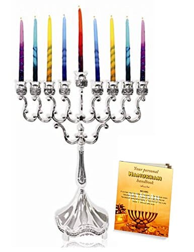 Silver Plated Hanukkah Candle Menorah 6.5" x 8.5" with Menorah Lighting Guide!