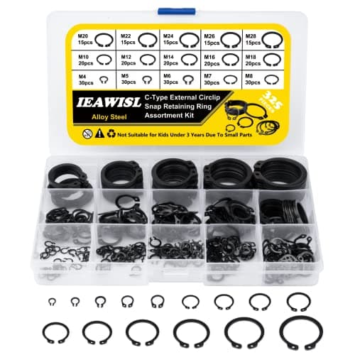 Snap Ring Shop Assortment, 325 Piece 15 Sizes C-Clips External Retaining Ring Assortment Kit, Circlip Retainer Rings Set for Axles, Shafts and Other Moving Parts