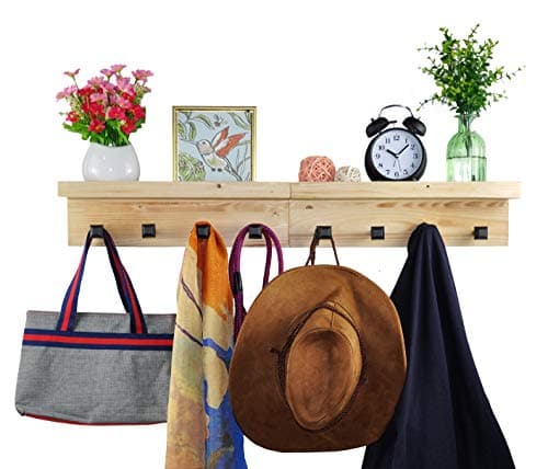 SpiretroCoat Rack with Shelf, Wall Floating Shelves with Peg Hooks, Organize, Storage, Decorative for Entryway, Mudroom, Kitchen, Bathroom, Set of 2, Rustic Pine Wood Natural Beige