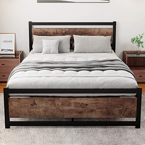 Bed Frame with Wooden Headboard, Heavy Duty Metal Platform Bed Frame, No Box Spring Needed, Mattress Foundation Platform, Noise-Free,Twin XL/Queen/King, Queen