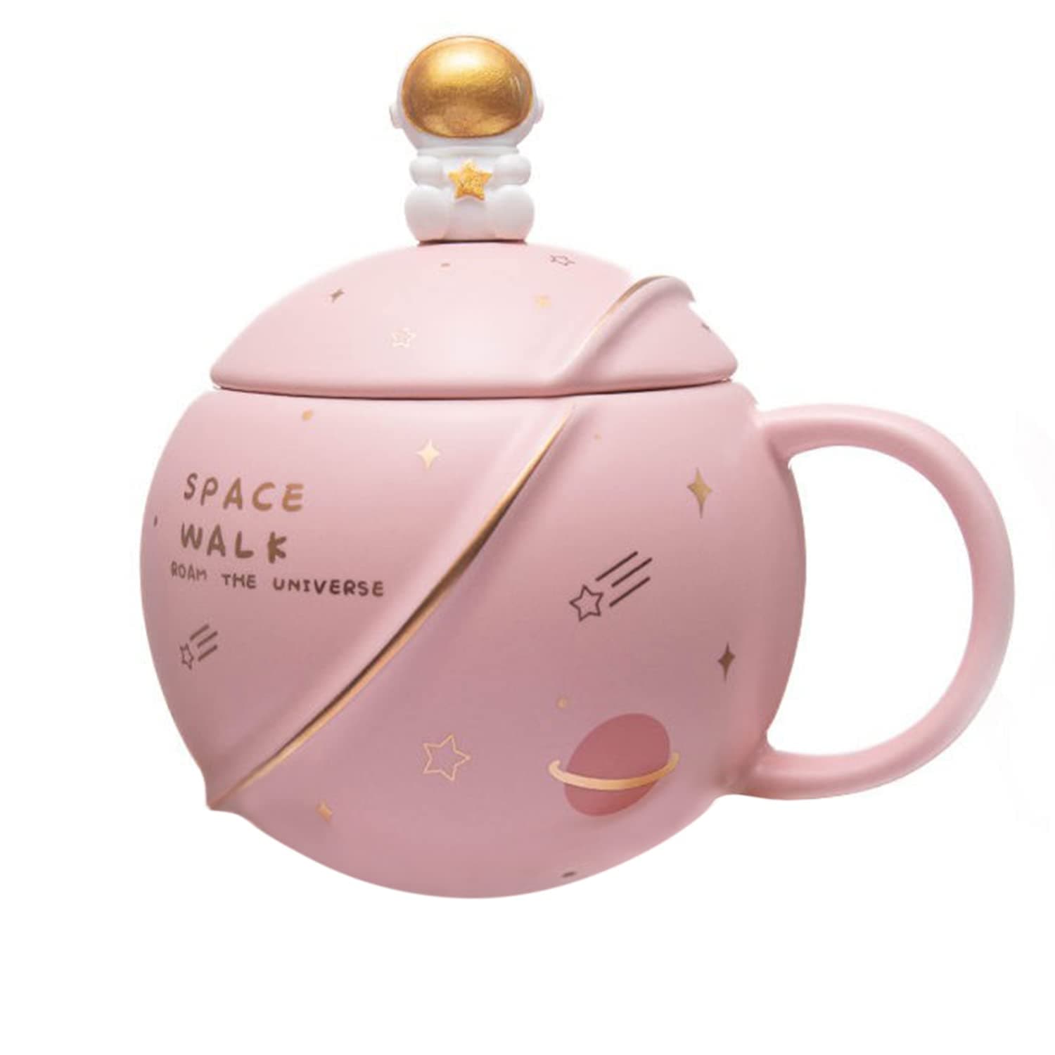 Coffee Mug, Gift for Man, Mugs for Present, Birthday Present for Brother, Astronaut Planet Coffee Mug with 3D Creative Space, Lid & Spoon (400ml-Pink)