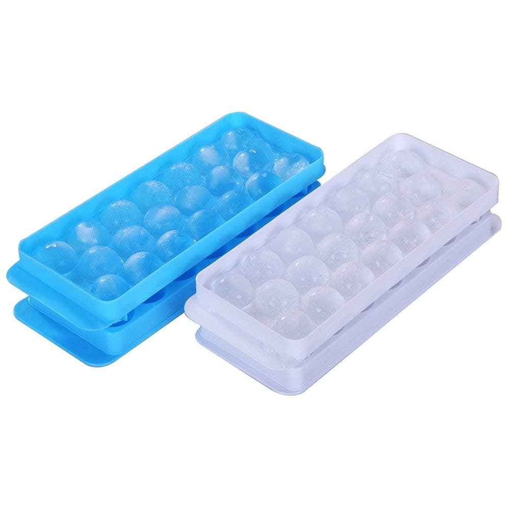 Ice Ball Tray Spheres Ice Cube Mold, Plastic Food-Grade Stackable Round Ice Ball Mold with Lid for Cocktail and Whiskey - Set of 2 (Blue & White)