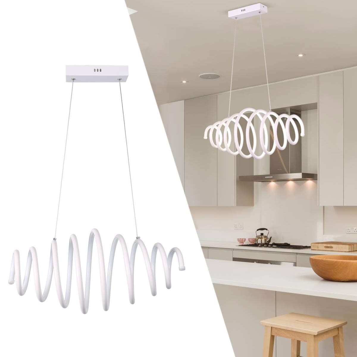 CHYING Modern Kitchen Island LED Chandeliers, Creative Spiral Retractable Full Lighting Pendant Lights 50W Cool White 6500K Ceiling Fixture Adjustable Lamp for Foyer Living Room Dining Room Bar