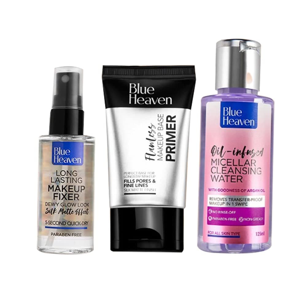 Blue Heaven The Must-Have Makeup Trio, 90gm | Pack of 3| Silicone Gel Based Primer, Long lasting Fixer for dewy Glow Look, Oil Infused Cleansing Micellar Water