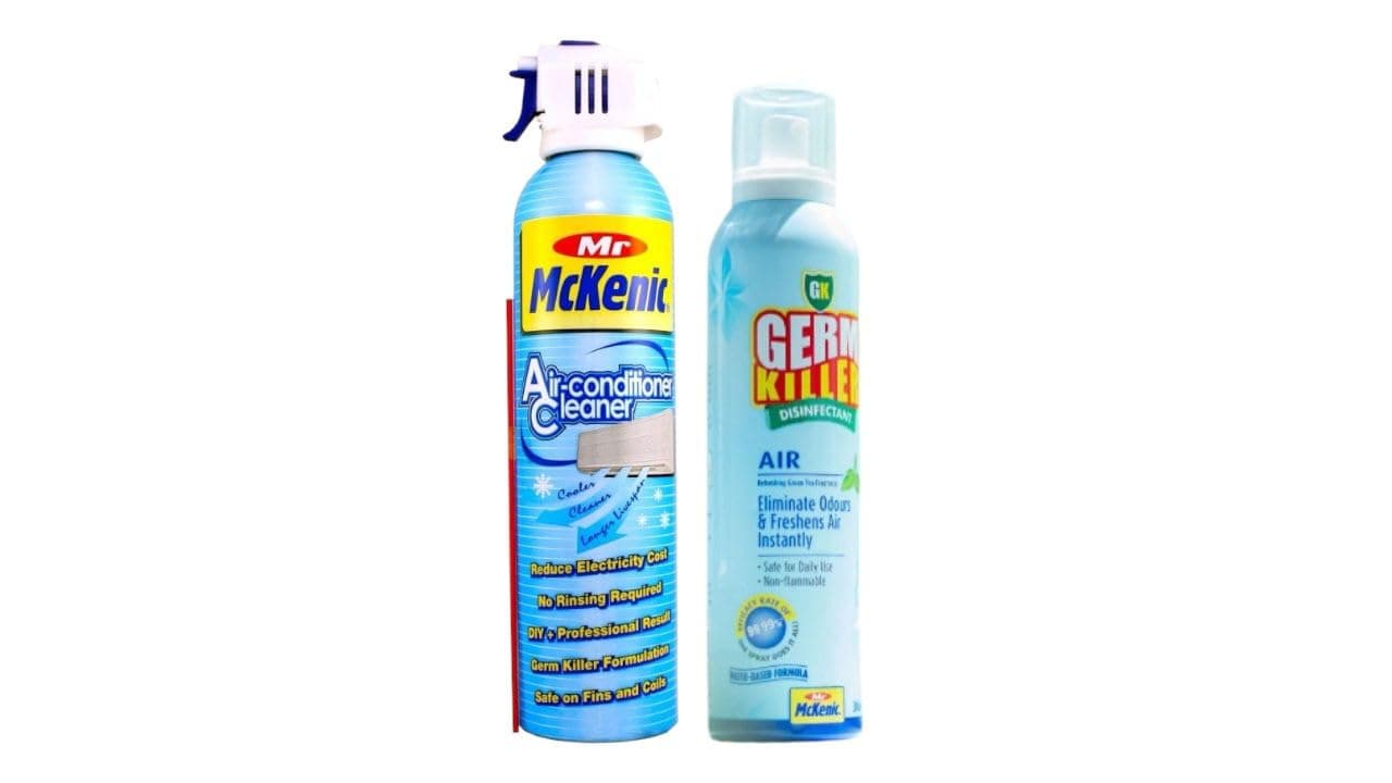 AC Cleaner Mr Mckenic + Multi-Purpose Disinfectant Spray Germ Killer. Cleans Home AC, disinfects and deodorizes the Air. Green Tea scent منظف مكيفات الهواء مع مزيل الروائح القاتل للجراثيم