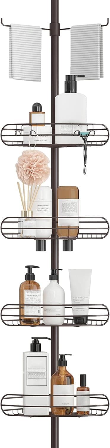 ALLZONE Corner Shower Caddy Tension Pole, 4-Tier Adjustable Shelves, Rustproof Bathroom Shower Organizer Corner for Inside Shower Storage, Tension Mounted, 39 to 115 Inch Height, Oil Bronze