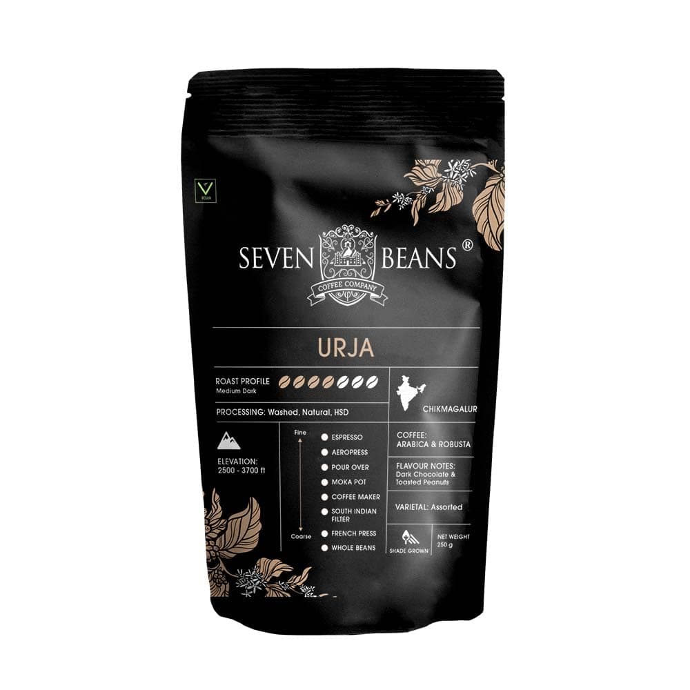 Seven Beans Coffee Company's "Urja" Ground Coffee - Medium Roast - Single Origin Cold Brew - Indian Gourmet Coffee (Pack of 1)