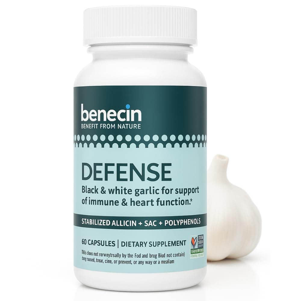 Benecin Defense 1500 mcg Stabilized Allicin per Capsule | Plus High Amounts of SAC & Polyphenols from Black Garlic | Powerful Support of Immune & Heart Function | Vegetarian Capsules | 60 Count