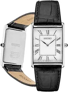 Seiko Essentials Watch for Men - Essentials - Water Resistant with Stainless Steel Rectangular Case and Leather Strap