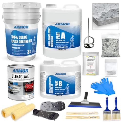 ArmorPoxy Garage Epoxy Floor Kit – 100% Solids - 2 Part Industrial-Grade Coating w/UltraGlaze Topcoat | DIY Slip & Hot Tire Resistant | 600 Sq Ft - Designer Gray - 17 pc kit