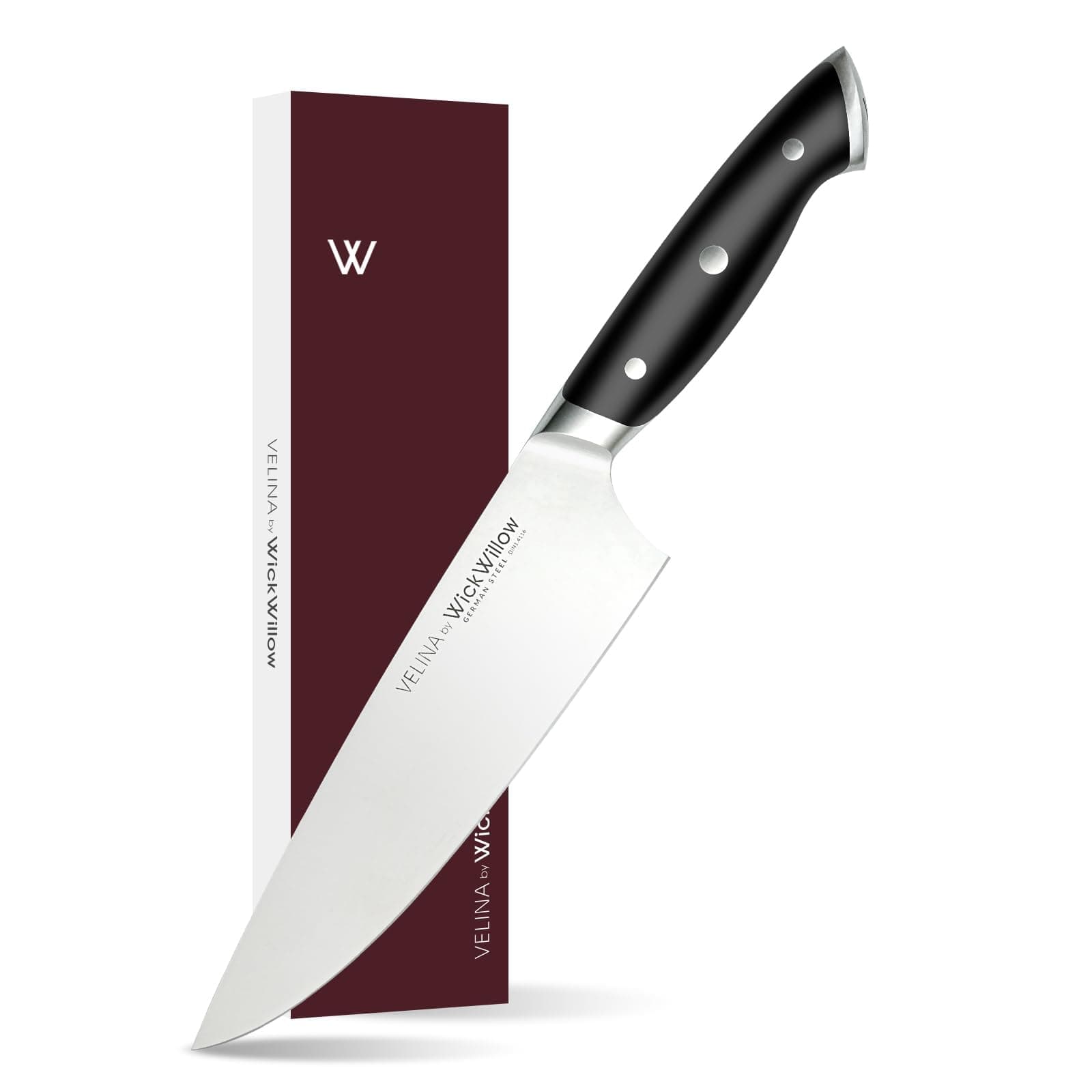 - WICKWILLOW 8 Inch Chef Knife – German Steel X50CrMoV15 – Full Tang Kitchen Knife for Meat, Vegetables & Daily Prep – Ergonomic Handle – Gift Box – Velina Series