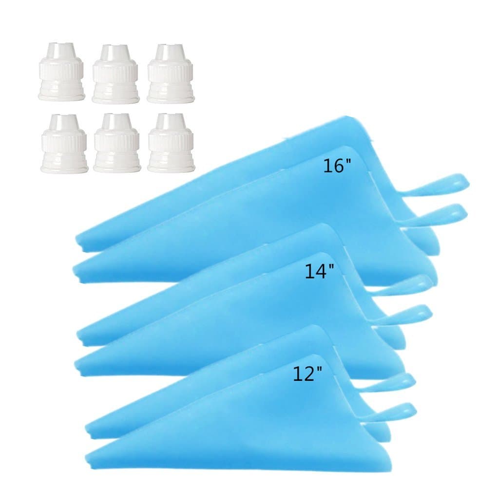 Silicone Pastry Bag Set 3 Sizes (12"+14"+16")*2, Reusable Icing Piping Bag Cake Decorating Bags, 6 Pack Bags with Extra 6 Couplers Fit Wilton Standard Size Tips