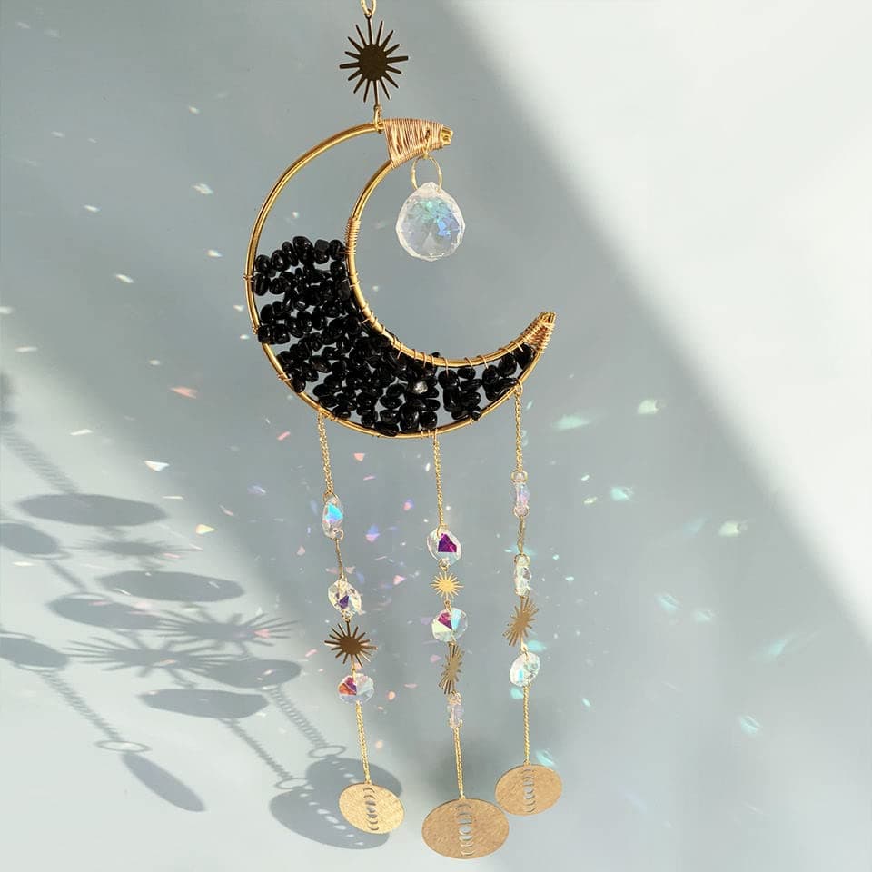 CACTOPIA Crystal Moon Crescent Suncatcher - Window, Garden, Balcony, Boho Decorative Accessory (Obsidian)