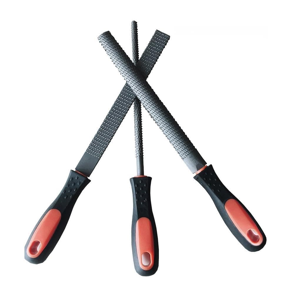 - 8" Wood Rasp File Set with Rubber Grip - Includes Hand Cut Round, Half-Round, and Flat Rasp File Kit - Curved and Flat Tools(3 Pcs) The Color of Packing Bag is Random