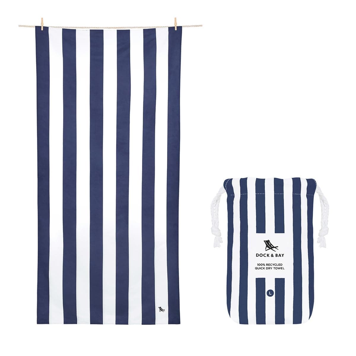 Dock & Bay Beach Towel - Quick Dry, Sand Free - Compact, Lightweight - 100% Recycled - Includes Bag - Cabana - Navy - Large (160x90cm, 63x35)