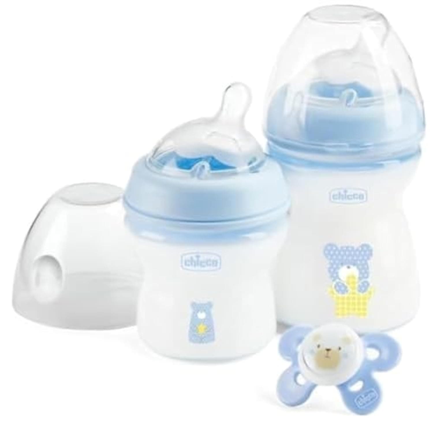 NaturalFeeling Anti-Colic Bottle and Pacifier Set, 0 Months, 150 ml, Soft Silicone and Double Valve, Against Colic, Natural Feeding and Mixed Breastfeeding, Blue