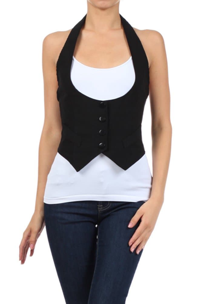Women Solid Sleevless Black Suit Vest Classic Scoop Neck Halter Waistcoat