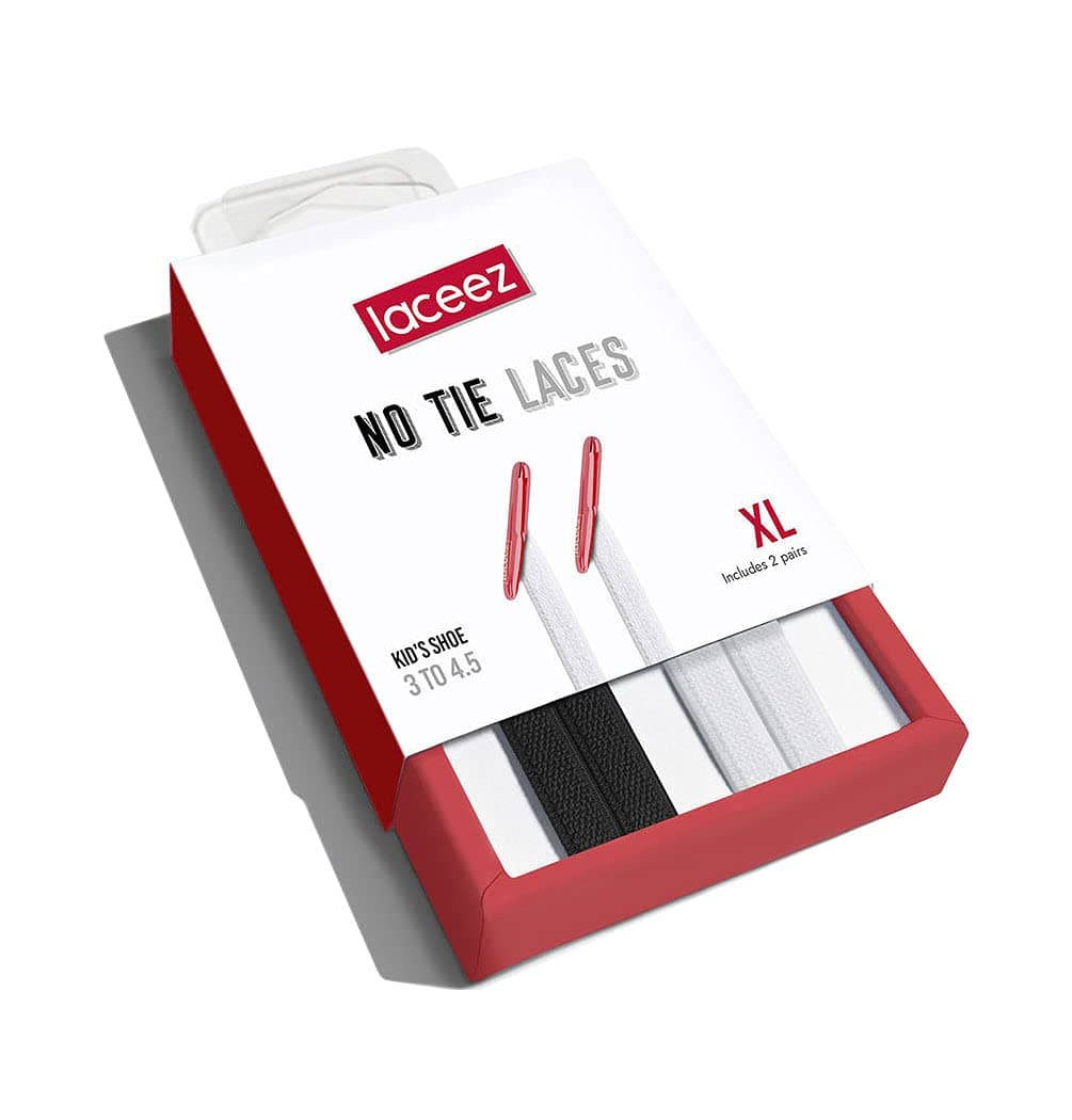 Laceez No Tie Elastic Shoe Laces for Kids | 2-Pack Tieless ShoeLaces - Black and White Shoelaces for Kids Sneakers (1 Pair of White and 1 Pair of Black, L: Kids Shoe 1 to 2.5)
