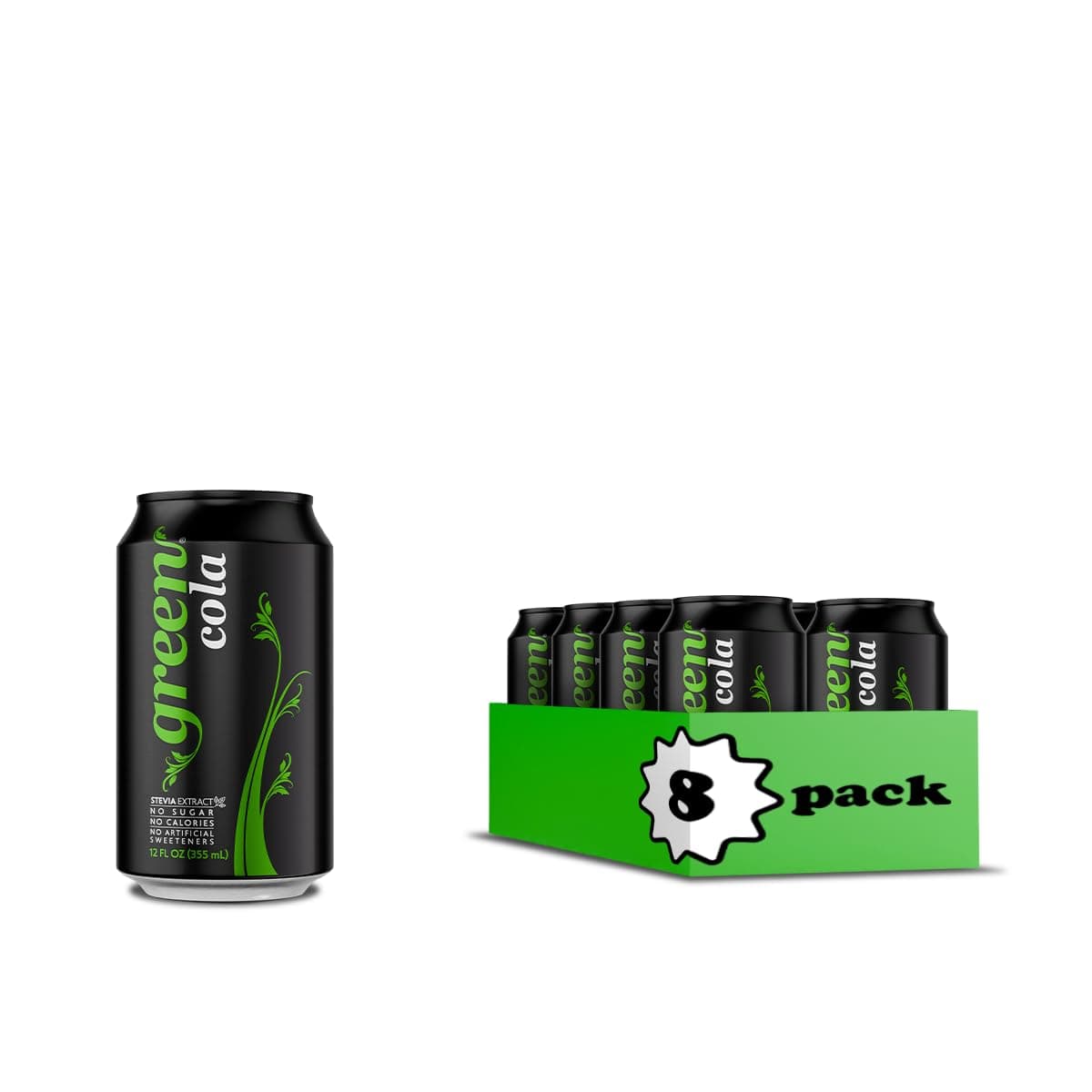 Green Cola - Sugar Free, Zero Calories, Naturally Sweetened with 100% Stevia Leaf Extract, Carbonated Soda, 100% Cola Taste, 12 Fl Oz each can - Pack of 8