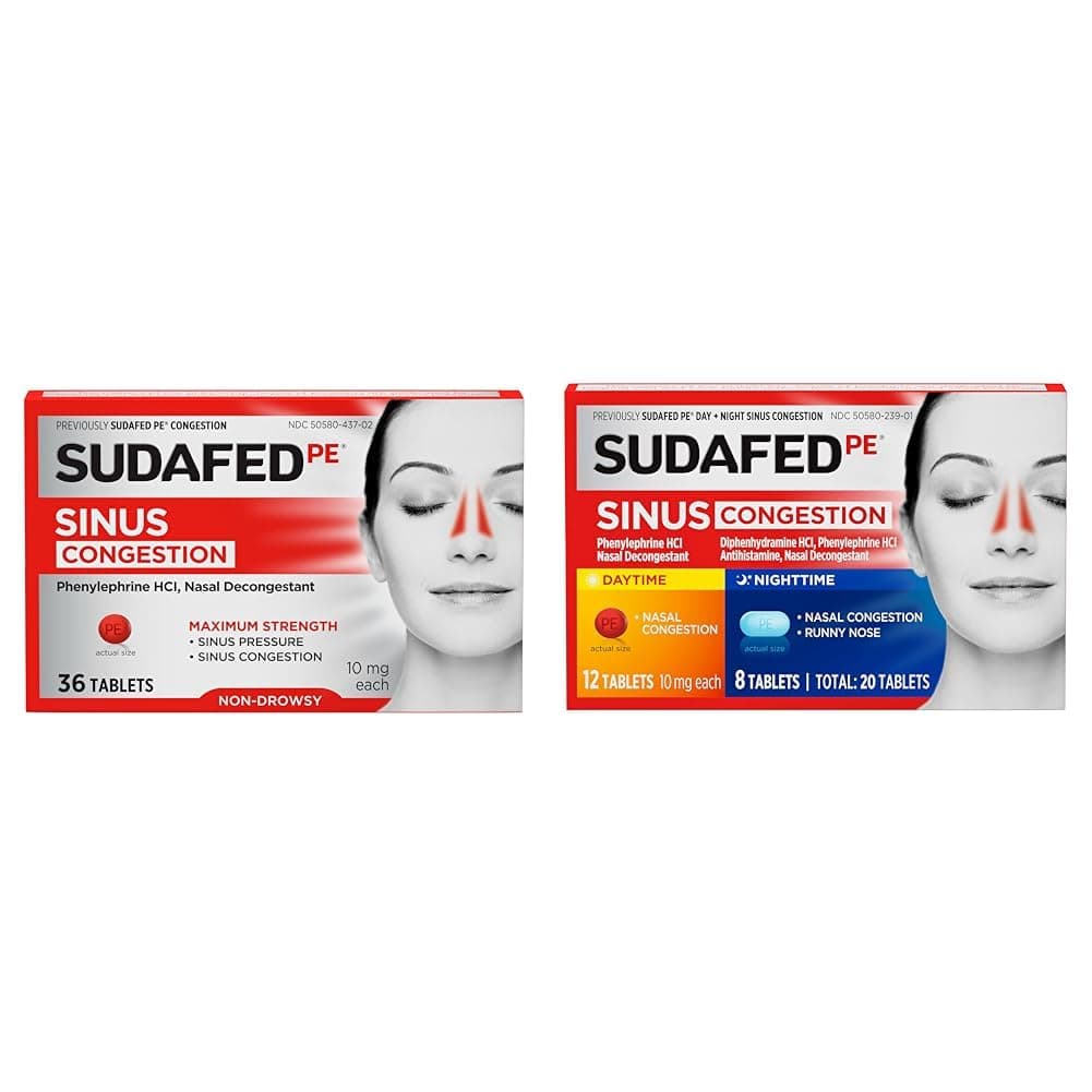 PE Sinus Congestion Maximum Strength Non-Drowsy Decongestant Tablets, 36 ct & PE Day and Night Sinus Pressure & Congestion Tablets, 20 Count