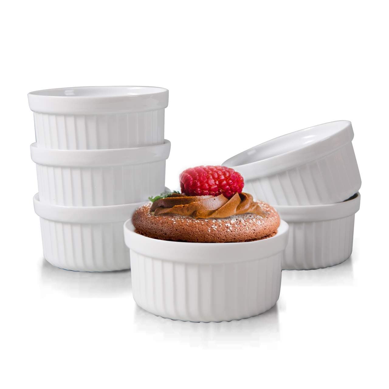 Yachi White Souffle Ramekins: 4oz 6 Pieces Ceramic Baking Ramekin Set Oven Safe Porcelain Bakeware Serving for Sauces Dipping Onion Soup Lava Cake Flan Creme Brulee Pudding Mini Custard