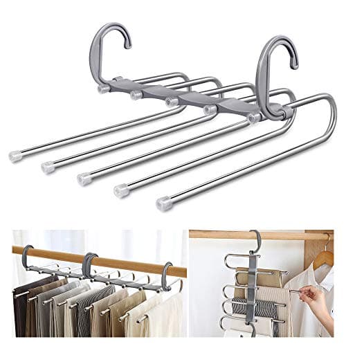 WAOU Massy Pants Hangers Multi-Layer Hanging Pants 5 in 1 Pants Rack Stainless Steel Pants Hangers Folding Storage Rack Space Saver Storage for Trousers Scarf Tie Belt Adjustable Gary (2 Pack)