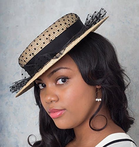 Suffragette Straw Boater Hat With Black Chenille Dot veil