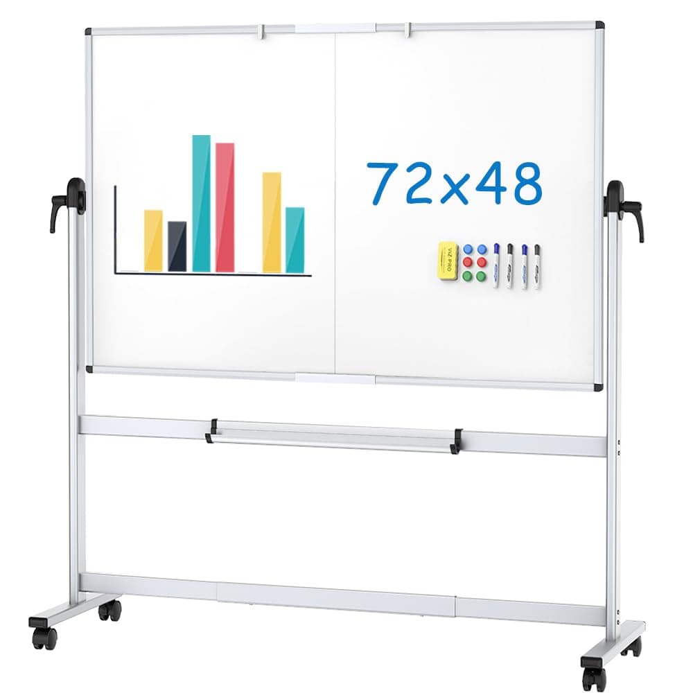 VIZ-PRO Double-Sided Mobile Whiteboard, 180 x 120 cm, Magnetic Rolling Dry Erase White Board on Wheels with Aluminium Frame and Stand