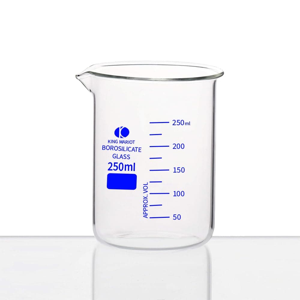 King Mariot Medical Equipments 250ml Glass Beaker | Blue Graduated Borosilicate 3.3 | High Temperature Resistance | Pour Spout (1)