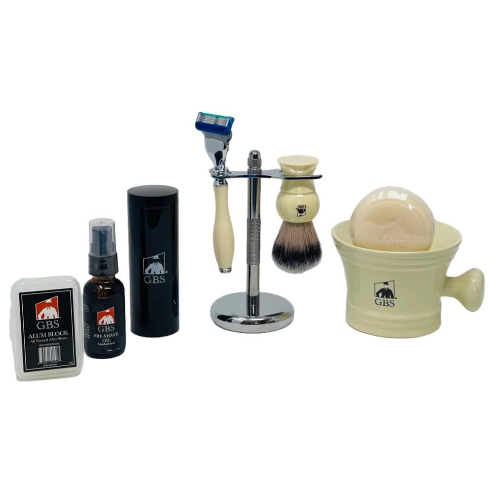 Men's Shaving Set Five Blade Razor, Synthetic Brush and Razor Dual Stand, Ivory Shaving Mug with G.B.S Shave Soap Alum Block Travel Brush Tube and Pre Shave Oil