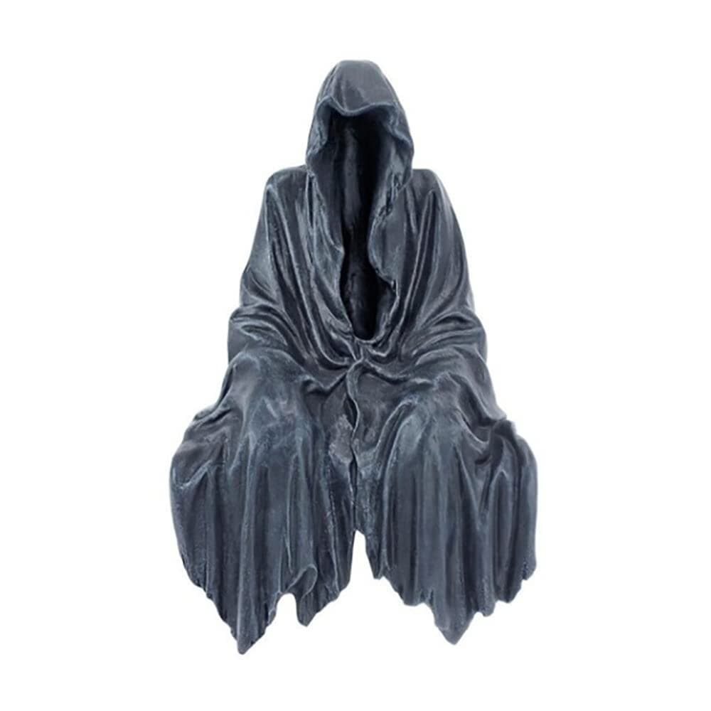 Grim Reaper Sitting Statue Gothic Scary Art Decor, Black Horror Robe Halloween Resin Death Reaper Thinker Sculpture, Novelty Creeper Home Decor Accent for Shelf, Table and Desktop