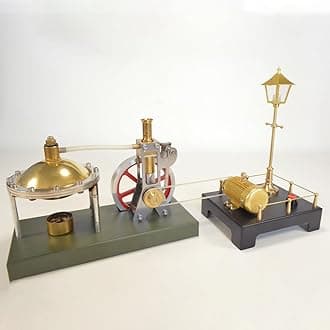 Metal Steam Engine Kit Model With Retro Mini Generator and Lamp Scene, Vertical Engine With Spherical Boiler - DIY Assembly Physical Toys for Adults