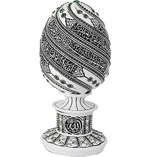 Islamic Table Decor Gift Egg Sculpture Statue Muslim Showpiece Home Decor Gifts Eid Ramadan Arabic Ayatul Kursi (7.5in White/Green)